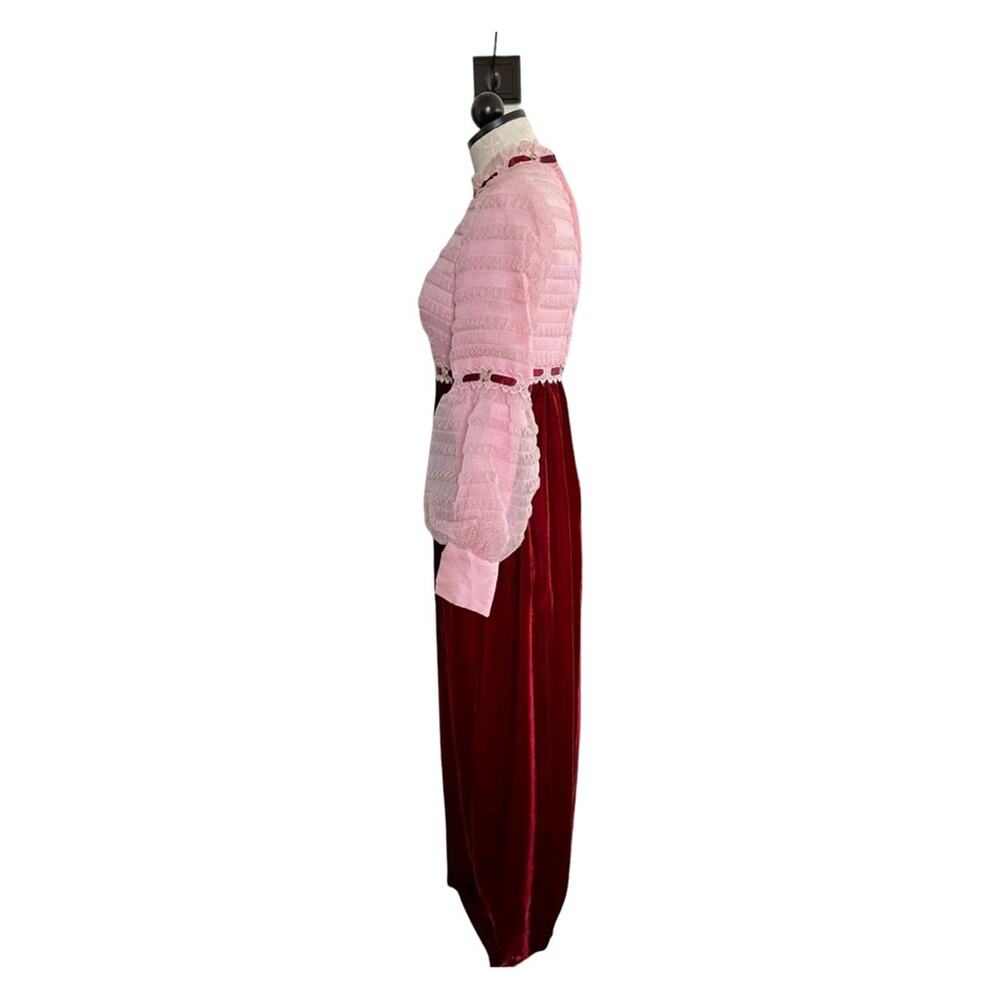 Vintage 1960's Juniors Formal Pink & Burgundy Long Dress Velvet & Nylon Size 7/8 - Picture 4 of 13